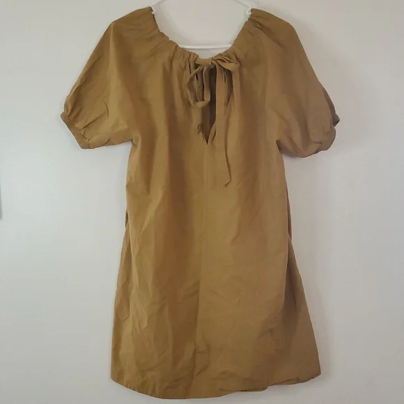 Madewell Poplin Puff Sleeve Mini Dress Size Small Tie Neck Pockets Neutral Toffe - Picture 10 of 13